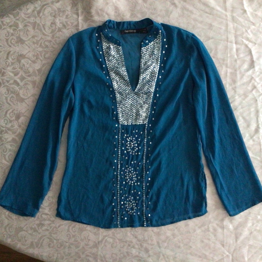 Sheer Teal Turquoise Blue Sequined Boho Blouse Top Shirt Small
